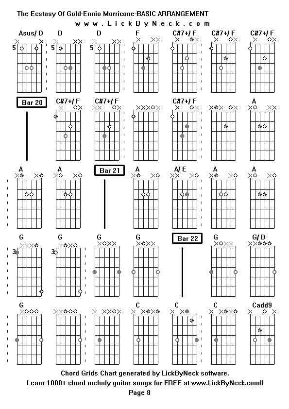 Chord Grids Chart of chord melody fingerstyle guitar song-The Ecstasy Of Gold-Ennio Morricone-BASIC ARRANGEMENT,generated by LickByNeck software.